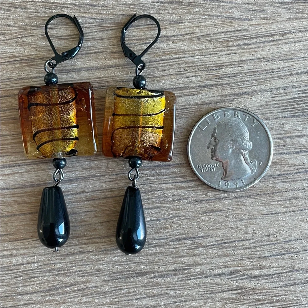 HAND CRAFTED DROP EARRINGS Clear Foil-lined Amber Glass Black Onyx Teardrops